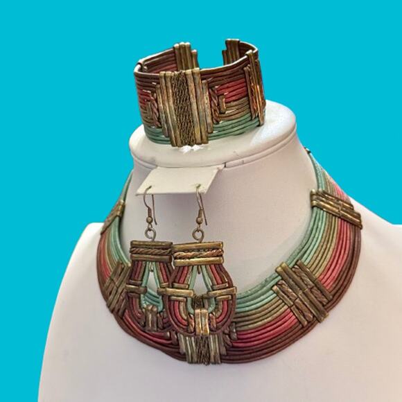Vintage Alexis Kirk 70s Brass Leather Tribal Jewelry Set - Picture 11 of 12